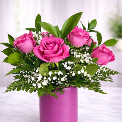 Pink roses arranged in a magenta vase with white filler flowers