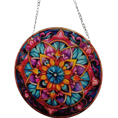 Round stained-glass-style hanging panel with colorful floral mandala design