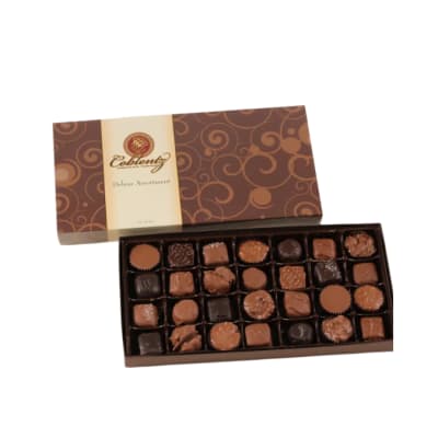 Rectangular box of assorted milk and dark chocolates with patterned brown lid