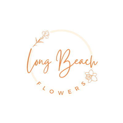 Orange Long Beach Flowers logo with floral line art on a white background