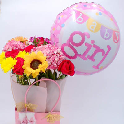 "Welcome Baby Girl” Flower Gift Bag
