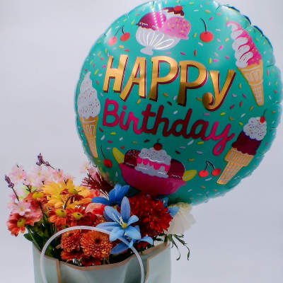 "Happy Birthday" Flower Gift Bag with Balloon and Teddy Bear