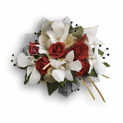 Bouquet of red roses and white flowers with gold ribbon accents