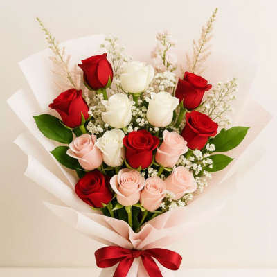 Bouquet of red, white, and pink roses wrapped in pale paper with a red ribbon