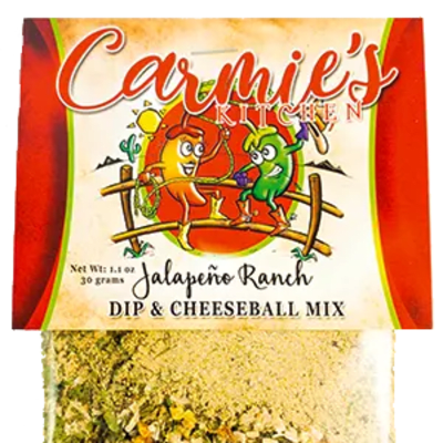 Packet of jalapeño ranch dip and cheeseball mix with colorful cartoon peppers on the label
