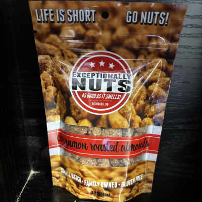 Bag of cinnamon roasted almonds with bold printed label