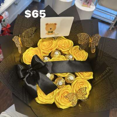 Yellow rose bouquet with Ferrero Rocher chocolates and a teddy bear card