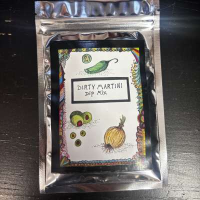 Silver packet labeled Dirty Martini Dip Mix