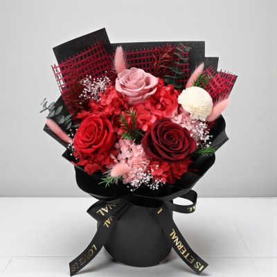Bouquet of red and pink roses in a black wrapped box