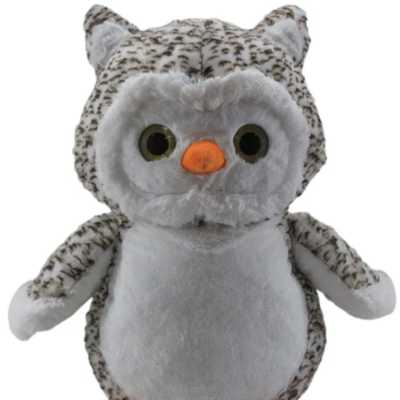 Plush owl toy with gray and white fur and orange beak and feet
