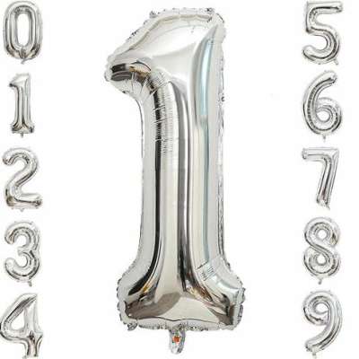 Silver number balloons arranged as 0 through 9 with a large 1 in the center