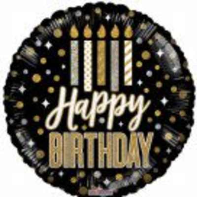 Round black birthday balloon with gold candles and "Happy Birthday" text