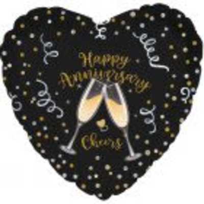 Black heart-shaped balloon with champagne glasses and Happy Anniversary text