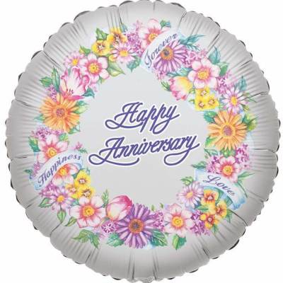 Round silver balloon with floral wreath and "Happy Anniversary" text