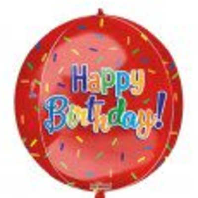 Round red birthday balloon with colorful confetti and Happy Birthday text