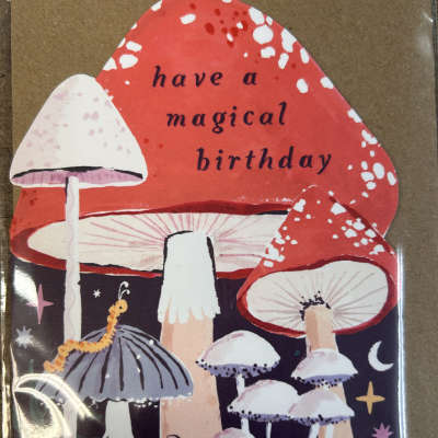 Whimsical birthday card with illustrated red and white mushrooms, snail, and stars on a dark background.