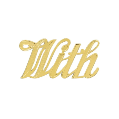 Gold script word "With" on a white background