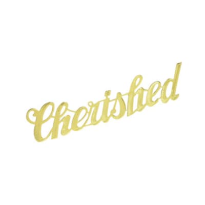 Gold script "Cherished" decoration on a white background