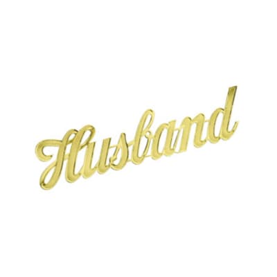 Gold script word "husband" on a white background