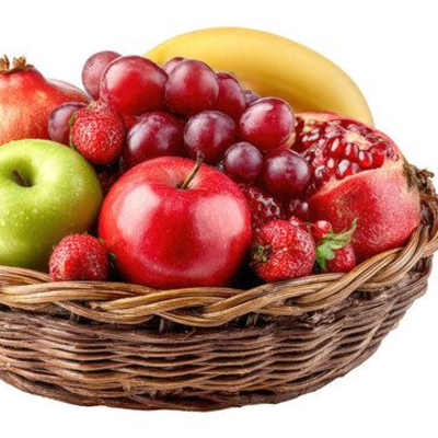 Basket of assorted fruit including apples, grapes, strawberries, and pomegranate