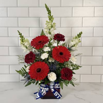 Red gerberas and white snapdragons in a vase with a blue ribbon