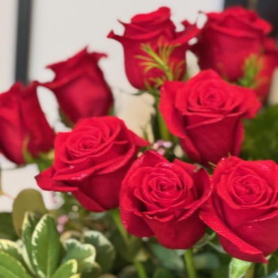 Close-up bouquet of red roses with green foliage