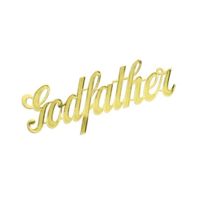 Gold script word "Godfather" on a white background