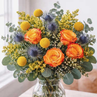 Orange roses and blue thistles in a glass vase