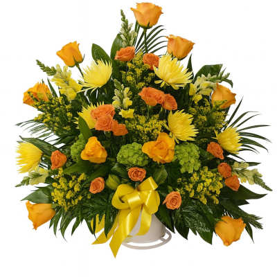 Yellow and orange rose bouquet with a ribbon in a white container