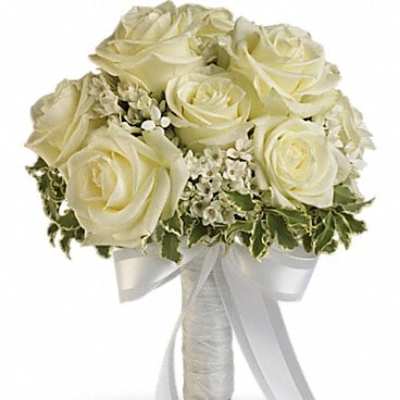 White rose bouquet with a satin ribbon handle