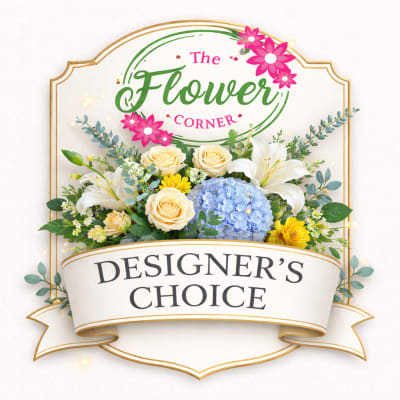 Designer’s choice floral arrangement with roses, hydrangea, lilies, and yellow blooms