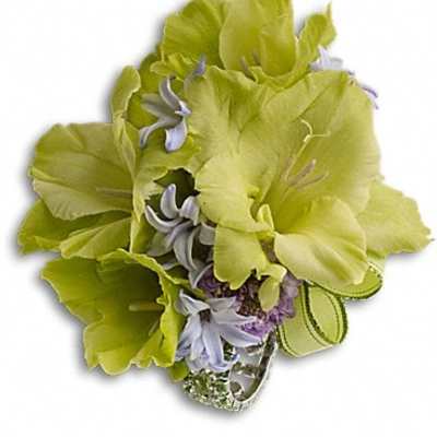 Green and lavender floral corsage with a jeweled wristlet