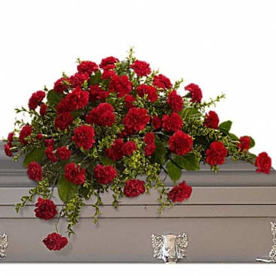 Red carnation casket spray with trailing greenery on a gray casket