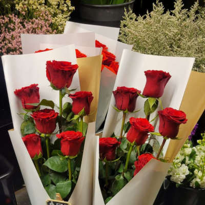 Two bouquets of red roses wrapped in white paper