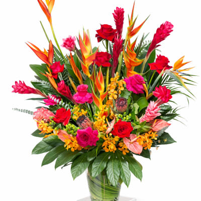 Tropical bouquet with red roses and orange bird-of-paradise in a glass vase