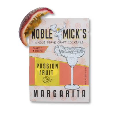Passion fruit margarita cocktail mix box with a fruit garnish