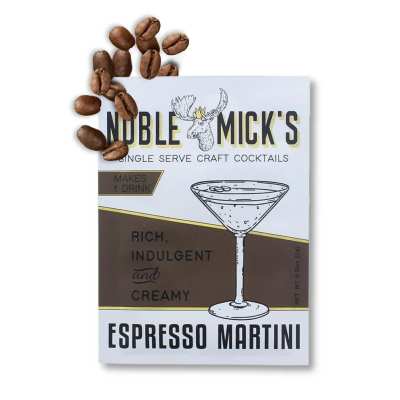 Espresso martini cocktail mix box with coffee beans on top