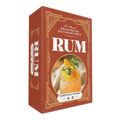 Boxed rum cocktail recipe card deck with a drink photo on the front