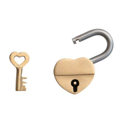 Heart-shaped padlock with a small key on a white background