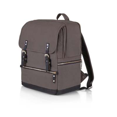 Brown backpack with front buckles and zipper pockets