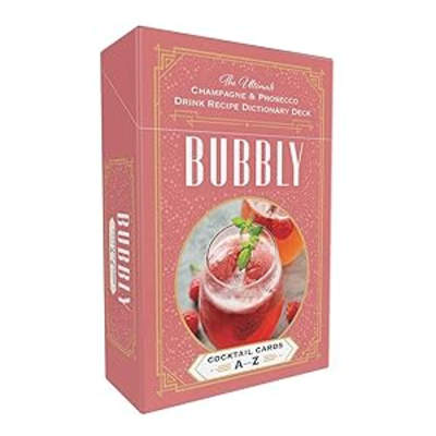 Pink cocktail recipe card box labeled Bubbly