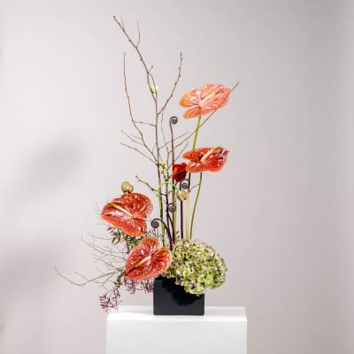 Tall floral arrangement with orange anthuriums and a green hydrangea in a black vase
