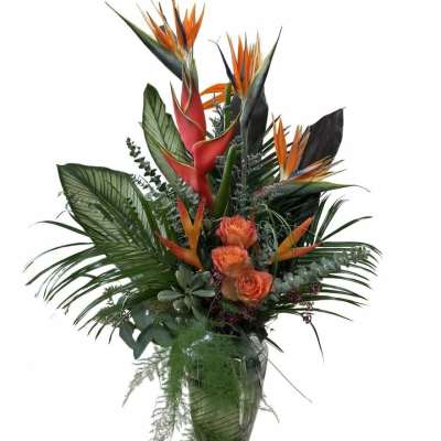 Tropical bouquet with orange bird of paradise and roses in a glass vase