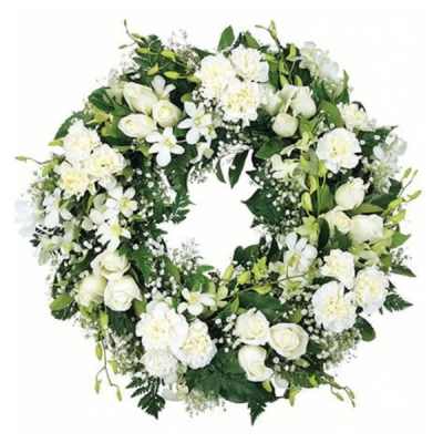 White floral wreath with roses and carnations