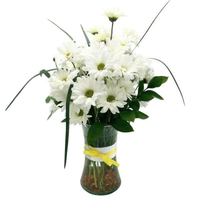 White daisy bouquet in a clear glass vase with a yellow ribbon