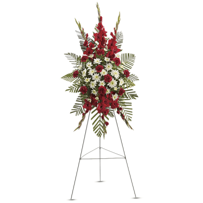 Standing red and white floral spray on an easel