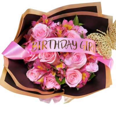 Birthday Girl Dozen Pink Roses with Alstroemeria