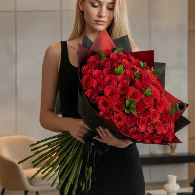 Woman holding a large bouquet of red roses wrapped in black and red paper