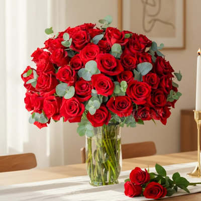 Bouquet of red roses in a clear glass vase with eucalyptus