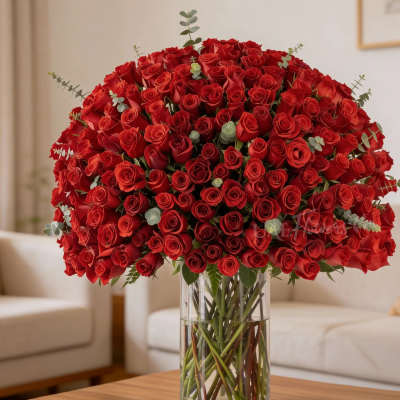 Large bouquet of red roses in a clear glass vase